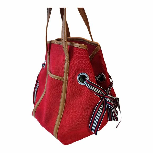 TALBOTS Red Canvas Abstract Scarf Print Design Top Handle Tote Bucket Bag EUC - Picture 2 of 15